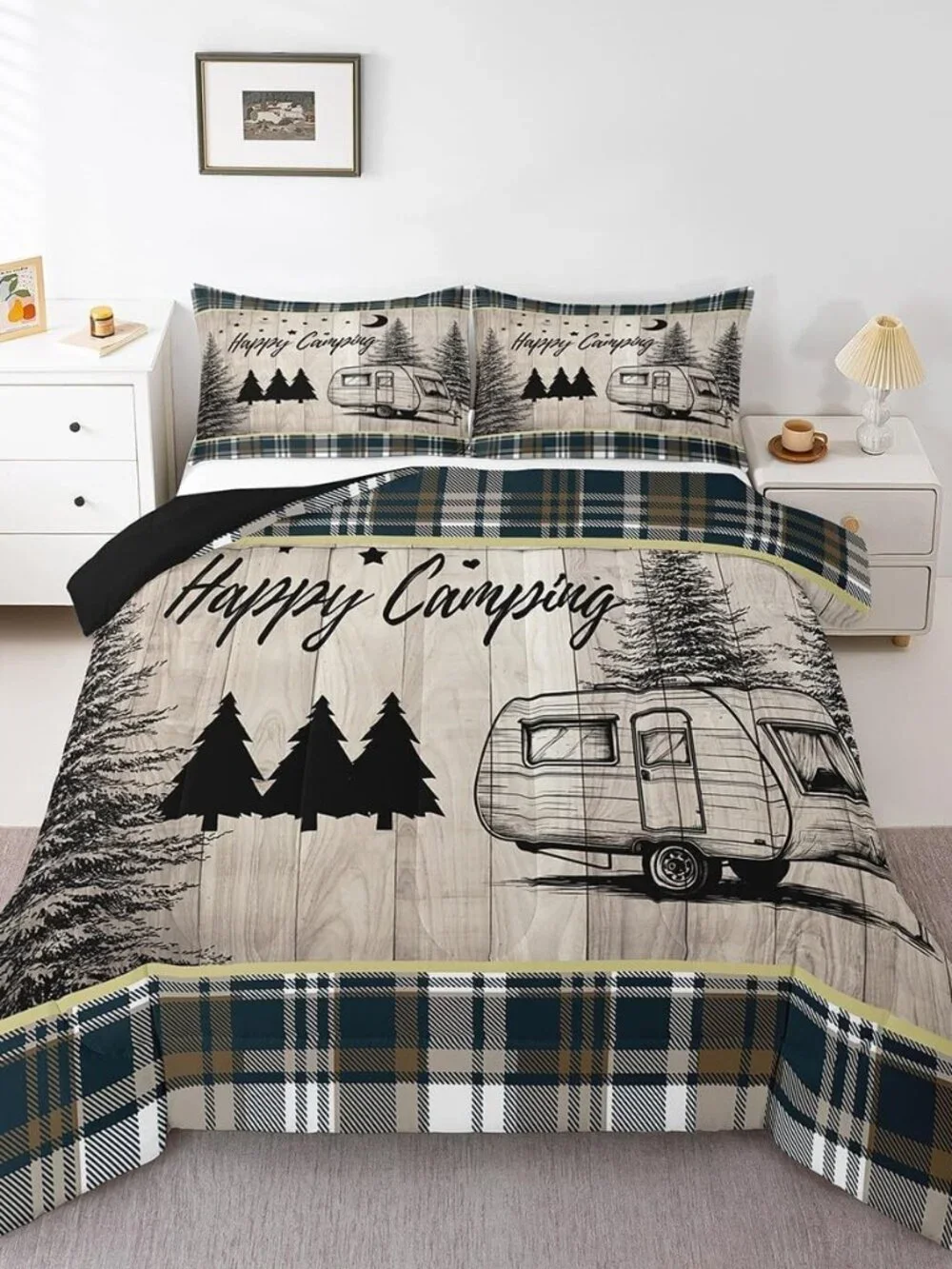 RV Camper Queen Comforter Set,Rustic Camping Bedding Sets for Travel Trailer,Cab